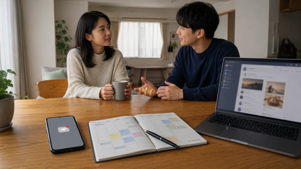 予定表、普段の生活リズム、他のオンライン行動、連絡復帰後の会話という4つの判断材料を並べた比較構図