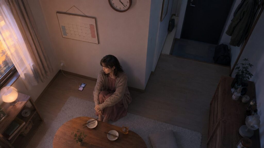 自衛隊彼氏との予定が決まらず、土曜の夜にスマホを見ながら一人で待つ女性