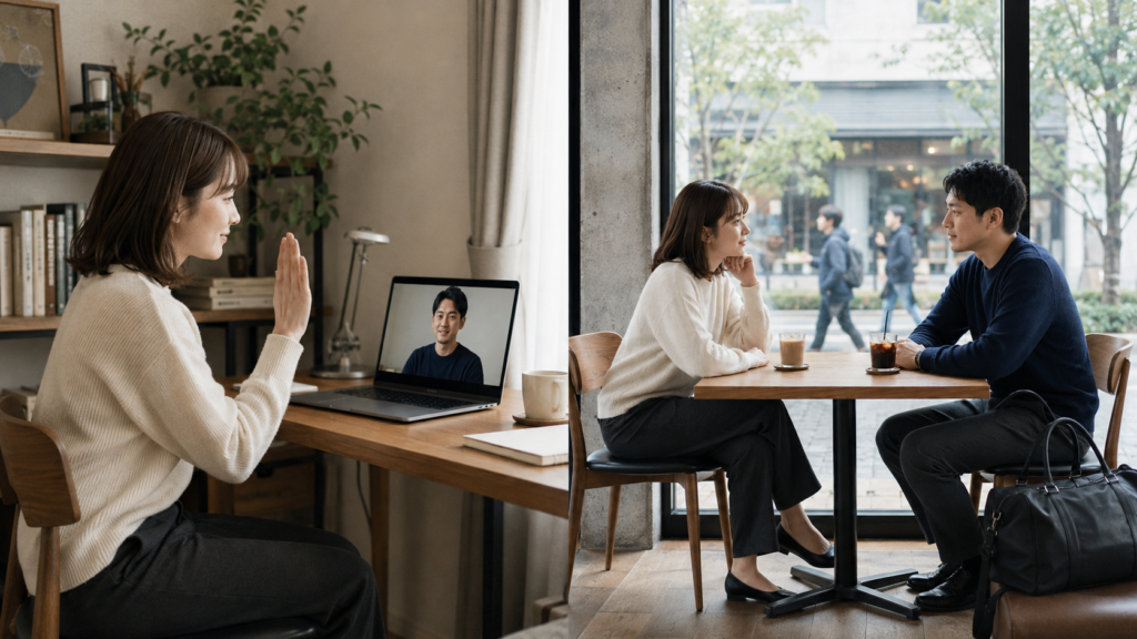 ビデオ通話をする場面と、昼間の公共のカフェで対面する場面を並べた二場面