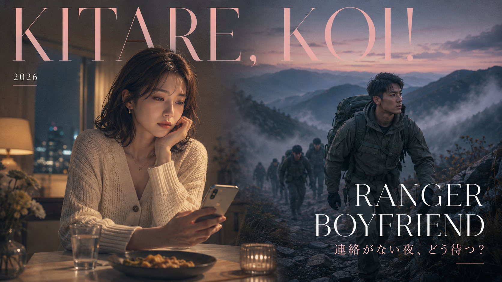 自衛隊レンジャー訓練中の彼氏からの連絡を待つ女性と、山中で訓練を続ける彼氏を描いたイラスト