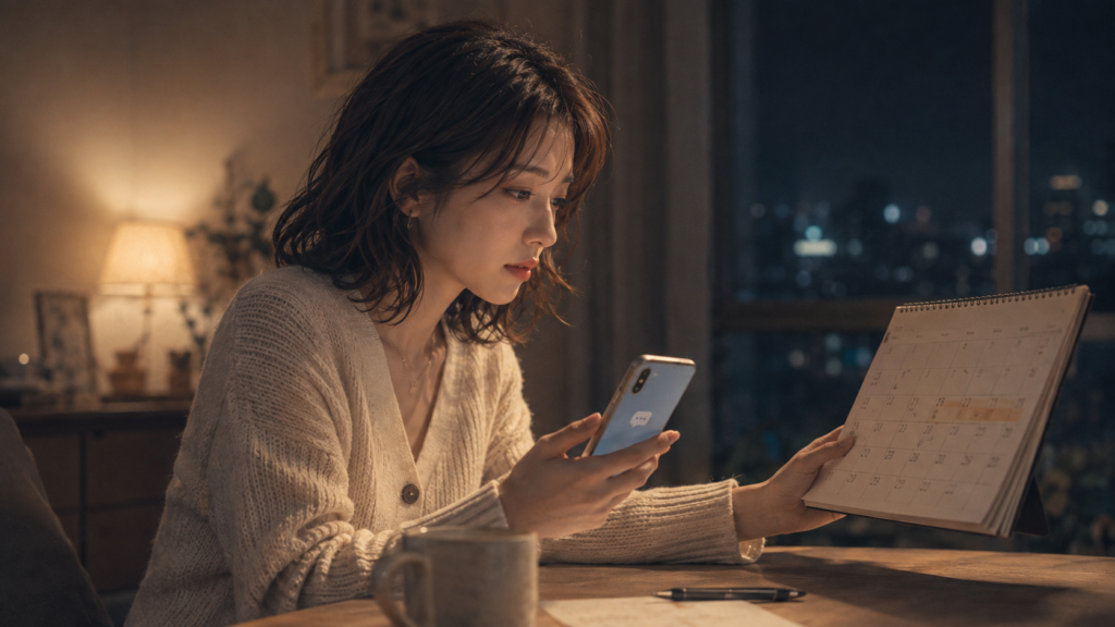 レンジャー訓練中の彼氏から返信がなく、訓練期間のカレンダーとスマホを見比べる女性