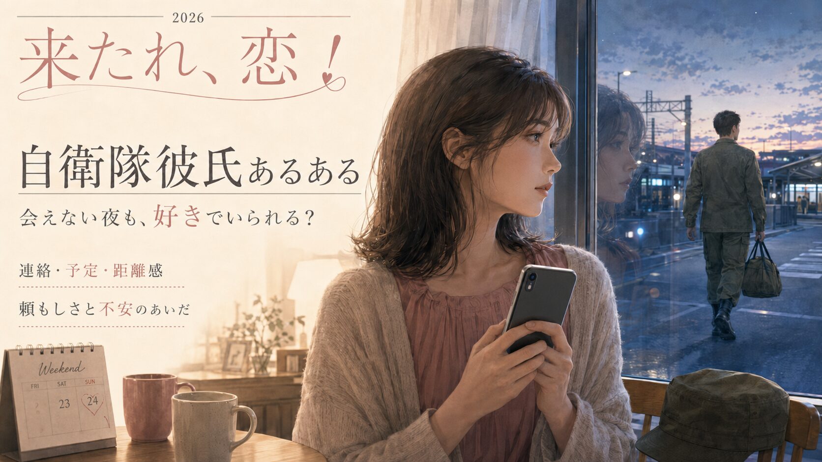 自衛隊彼氏からの返信を待つ女性と、早朝の勤務へ向かう彼を描いた自衛隊彼氏あるあるの記事アイキャッチ