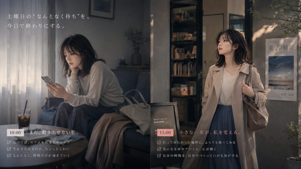 彼からの連絡を待って休日を空ける女性と、自分の予定を入れて書店へ出かける女性の比較
