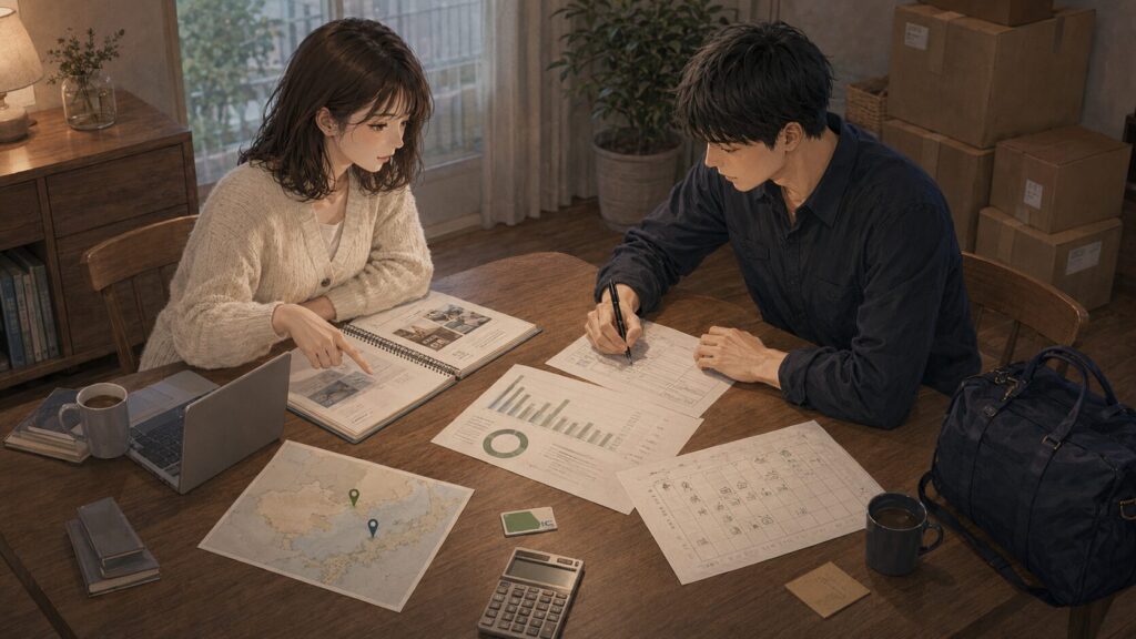 海上自衛官との結婚を前に、住居・仕事・移動費・家事分担などの不在コストを二人で確認するカップル