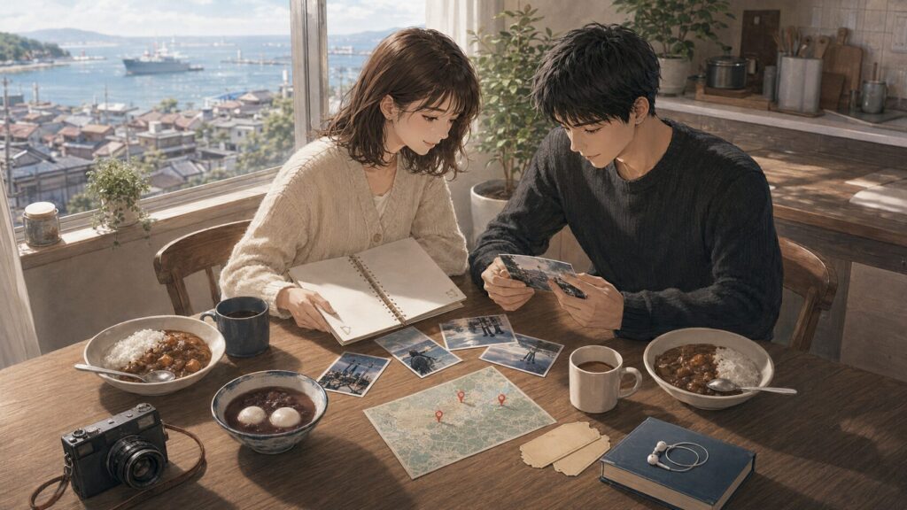 カレーやぜんざい、共有ノート、写真を囲みながら海上自衛隊の彼氏との小さな港の儀式を楽しむカップル