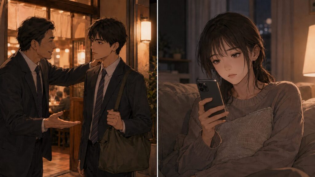 飲み会を断りにくい彼氏と、連絡を待つ女性を対比した二コマのイラスト