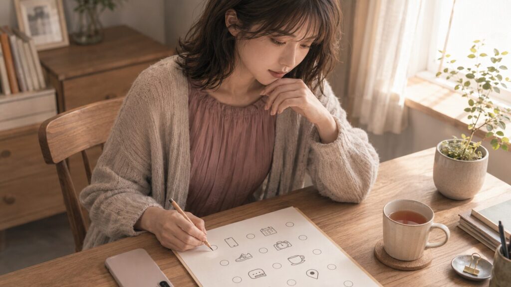 自衛隊彼氏あるあるのチェックリストを使い、自分たちの交際状況を整理する女性