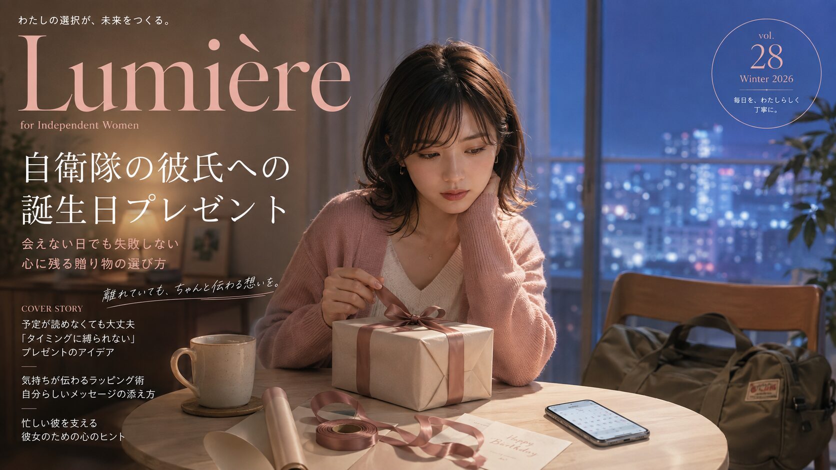 自衛隊の彼氏の誕生日プレゼントを前に、会える日を考えながら小さなギフトを準備する女性