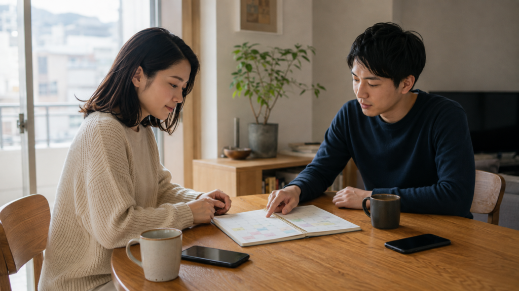 予定表をテーブル中央に置き、今後の予定について話している私服姿のカップル