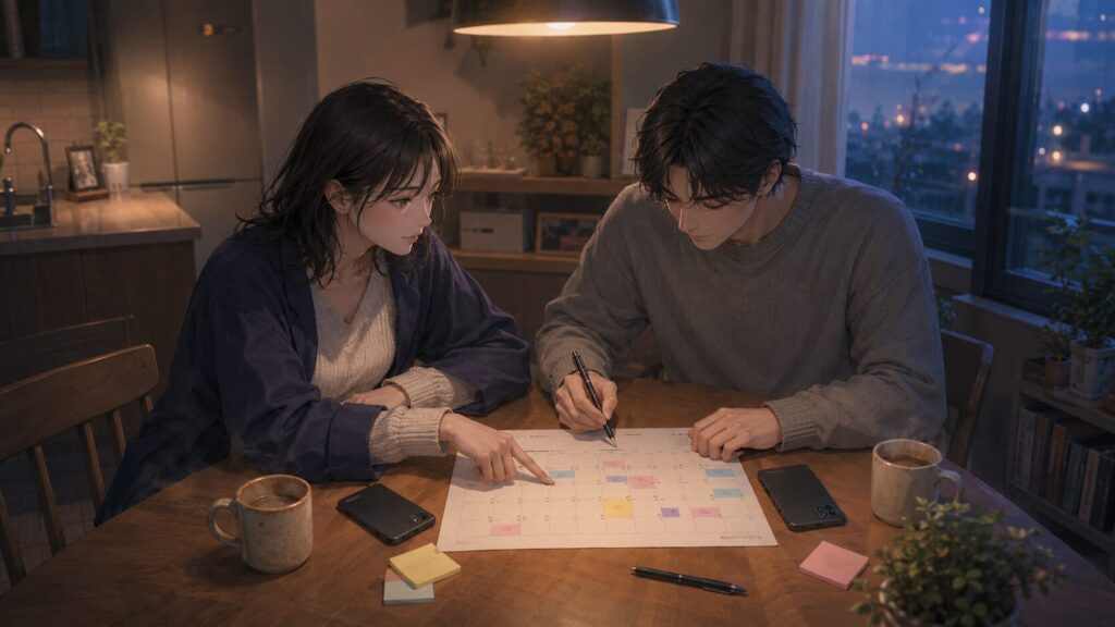 連絡できない期間や予定変更時のルールを一緒に決めるカップル