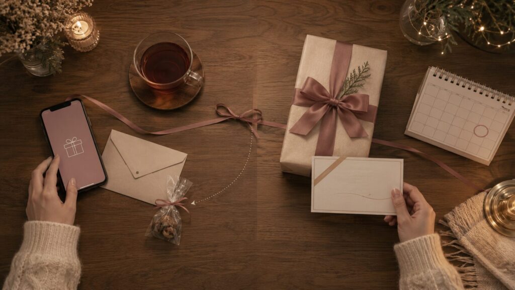 カレンダー上でクリスマス当日のeギフトと後日の本命プレゼントを分けて準備する女性の手元