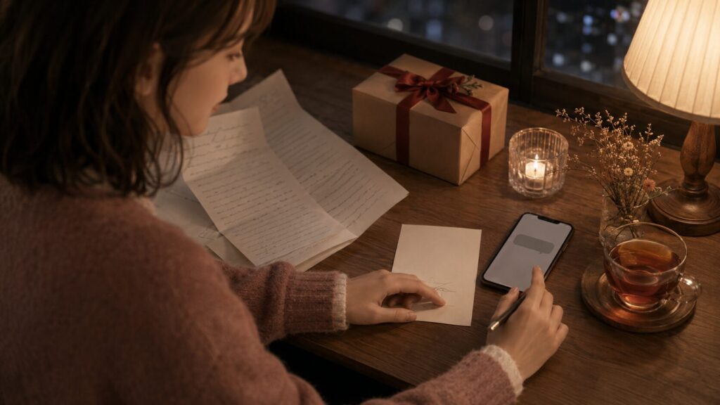 会えない陸上自衛隊の彼氏へ、短いクリスマスLINEとカードを用意する女性の手元