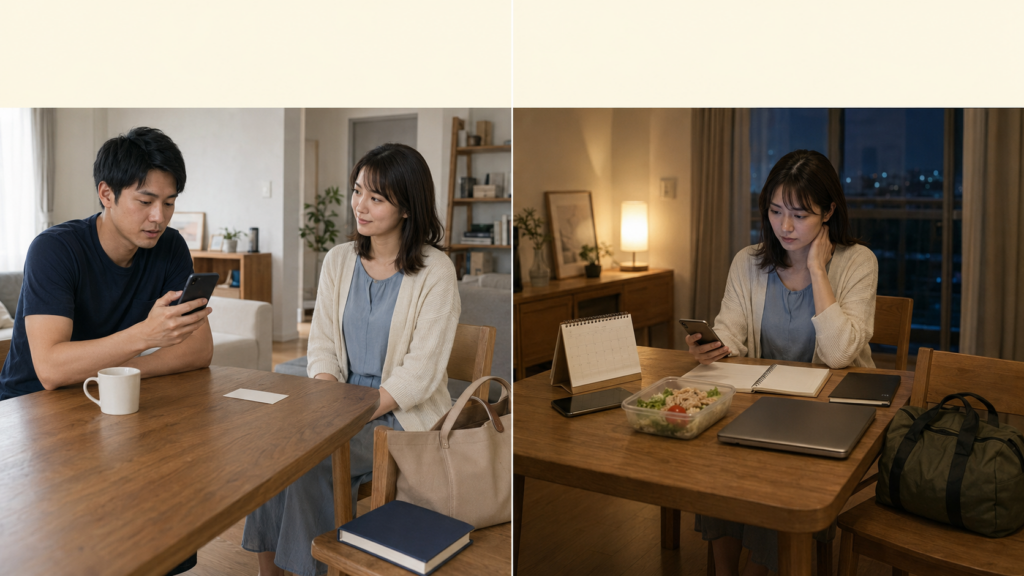 男性本人が相談を選び女性が隣で支える場面と、女性が連絡や予定を一人で抱えて疲れている場面の比較