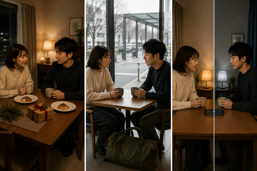 当日の食事、前後の日の短い面会、離れた場所で同じ飲み物を共有する三つのクリスマス案を同じカップルで示している