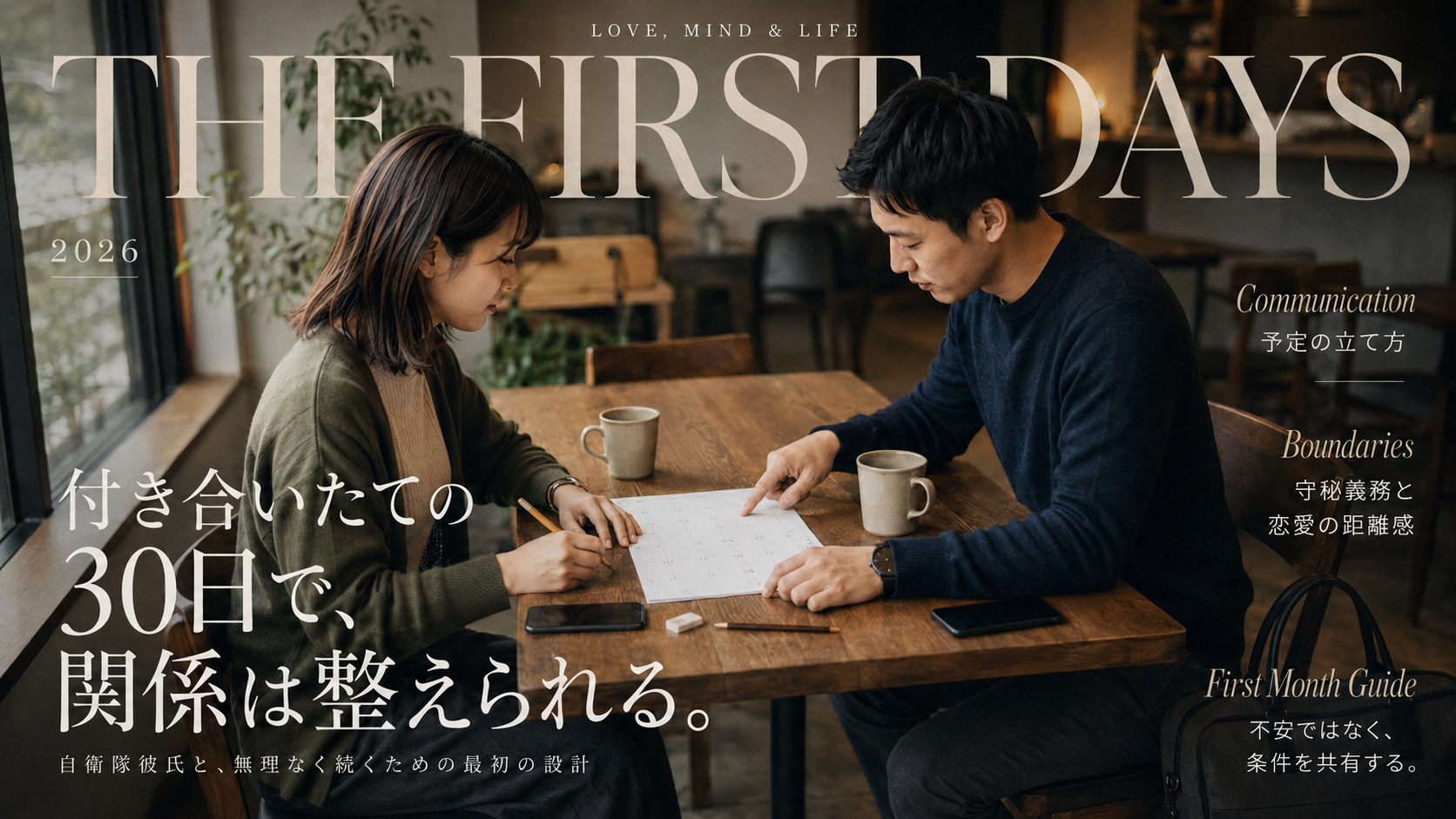 カフェで紙のカレンダーを挟み、今後の予定について話し合う若い男女
