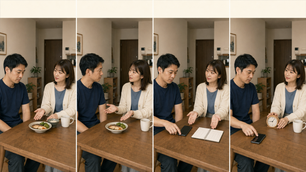 女性が観察した事実を伝え、心配を示し、選択肢を提示し、連絡方法の境界線を相談する四段階の会話図