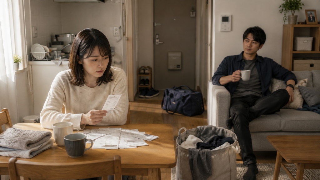彼の宿泊後の食費レシート、洗濯物、使用済み食器を前に考え込む女性と、奥のソファでくつろぐ男性