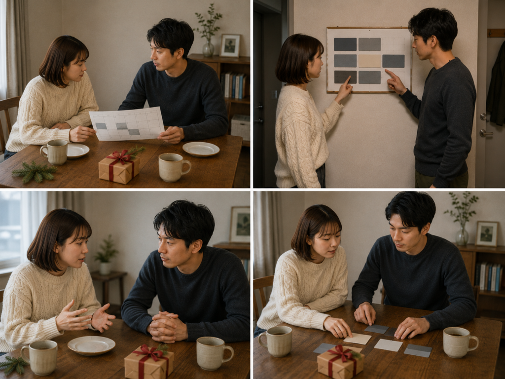 予定の共有、説明の確認、相手の話を聞く場面、代替日を準備する場面を同じカップルの四場面で示している