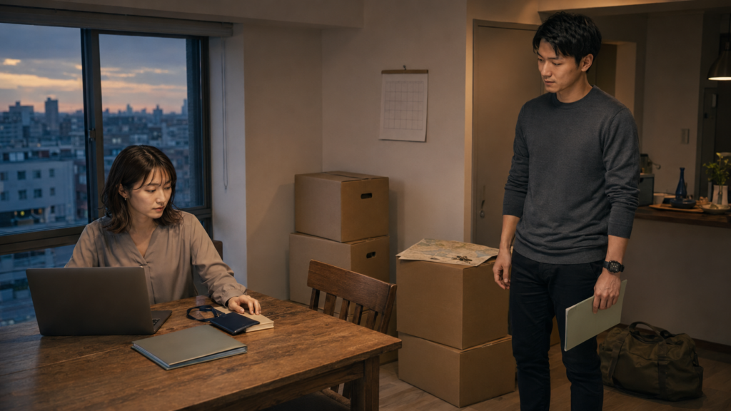 引っ越し用の荷物のそばで、仕事用ノートパソコンを前に転勤後の生活を考えるカップル