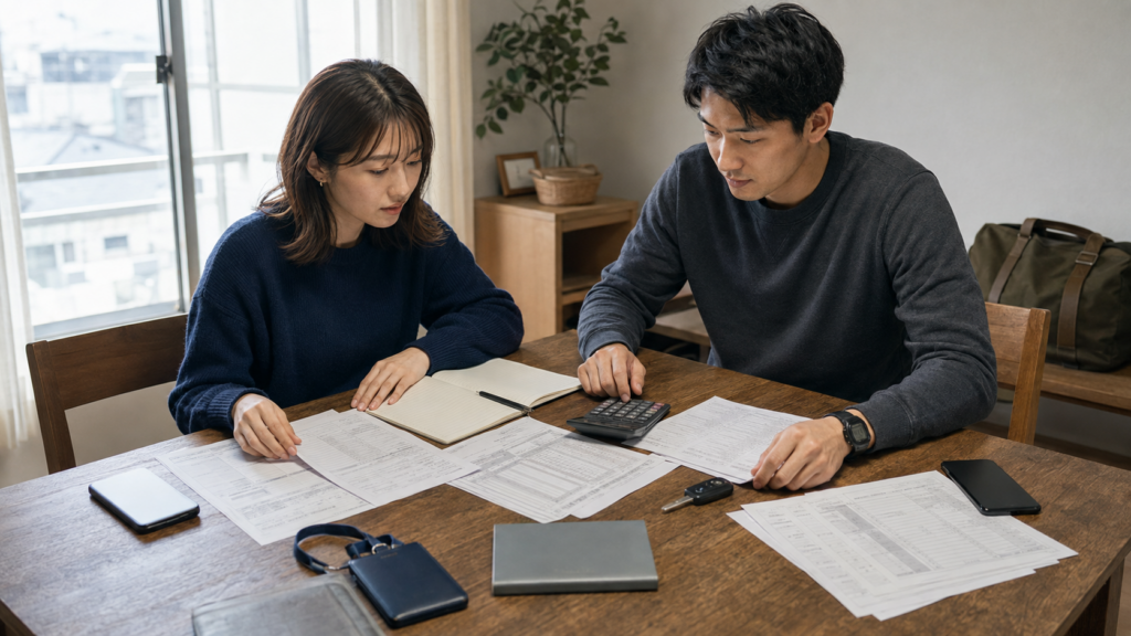 互いの給与明細や借入資料を同じ机に並べて、家計を話し合う日本人カップル