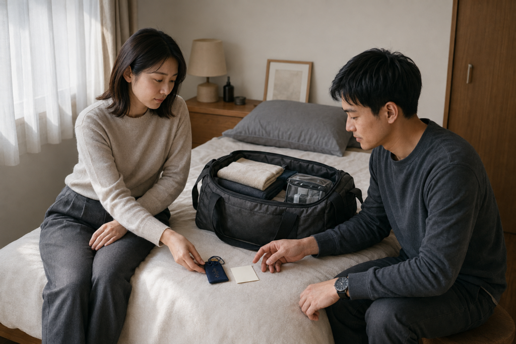 私服を入れたバッグを準備する部屋で、女性がお守りと短いカードをバッグの横へ置き、男性が手を伸ばしている