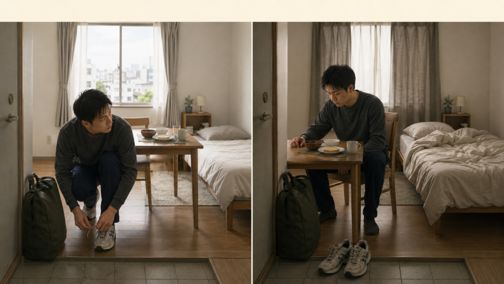 同じ男性と部屋について、朝の準備ができている普段の状態と、食事や活動が止まっている変化後を比較した図