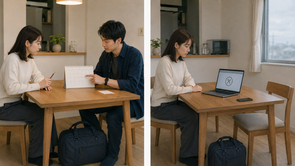 居住区分、教育段階、勤務拘束、外泊許可、帰隊条件の五つを順に確認するお泊まり判断図