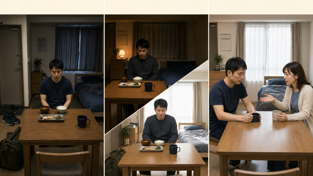 生活全体への変化、休息後の回復、心配を伝えた際の反応という三つの判断軸を並べた比較図