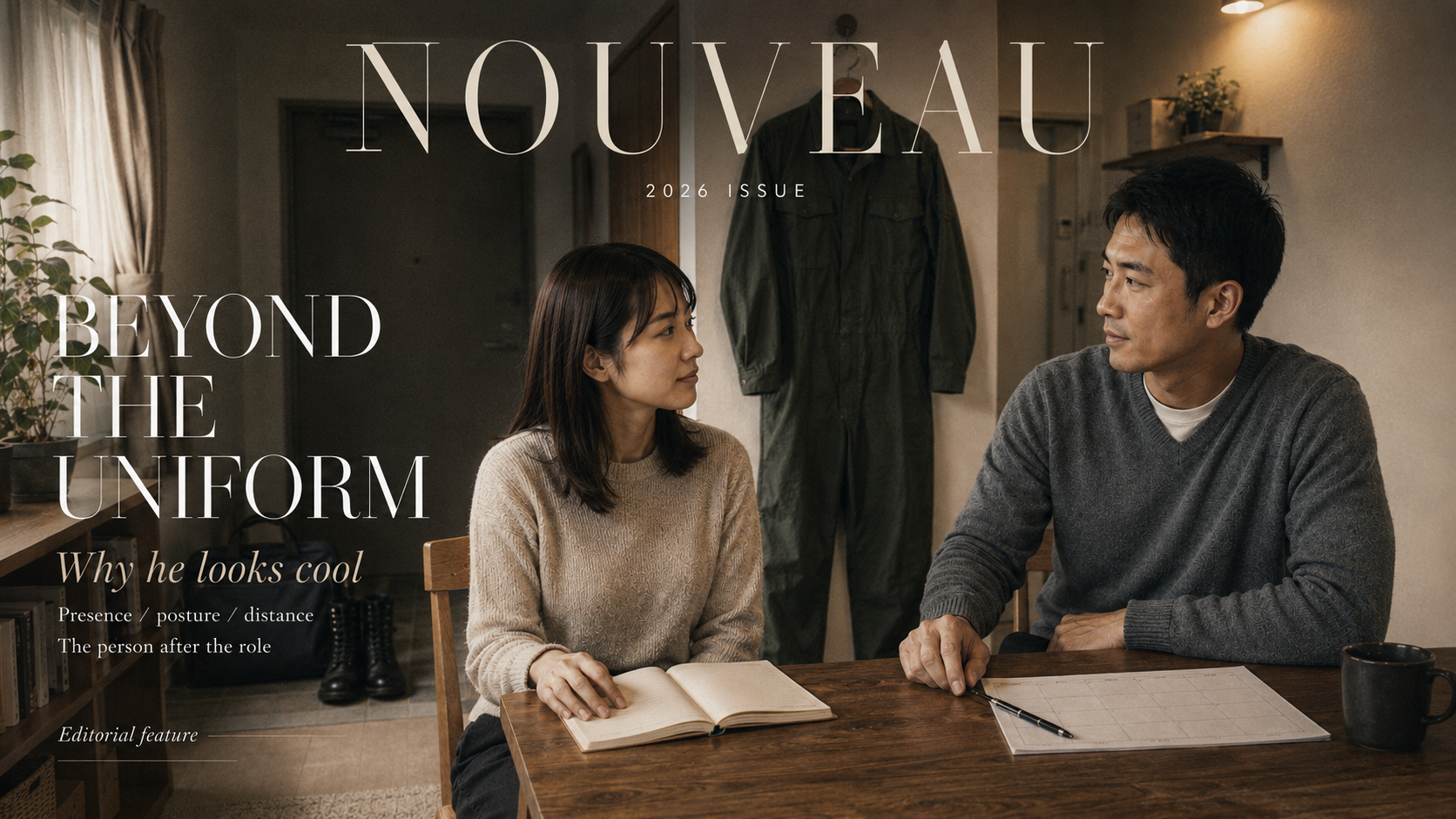 玄関近くにオリーブ色の職務服が掛かり、私服の男女が食卓で向き合っている