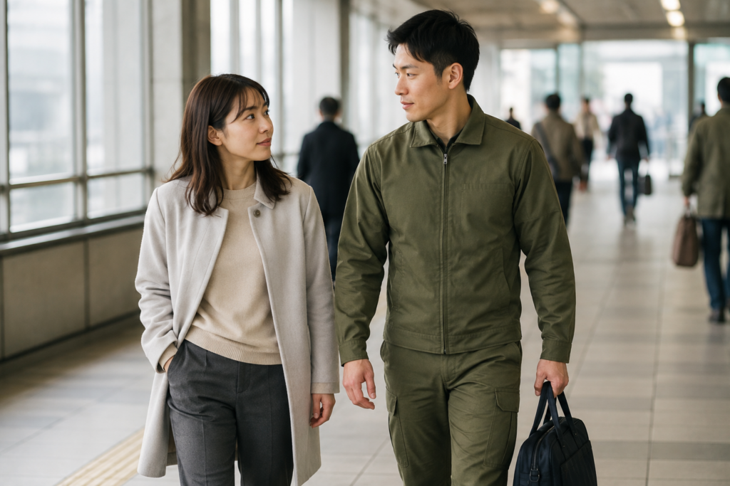 駅のコンコースで、オリーブ色の職務服を着た男性と私服の女性が並んで歩いている