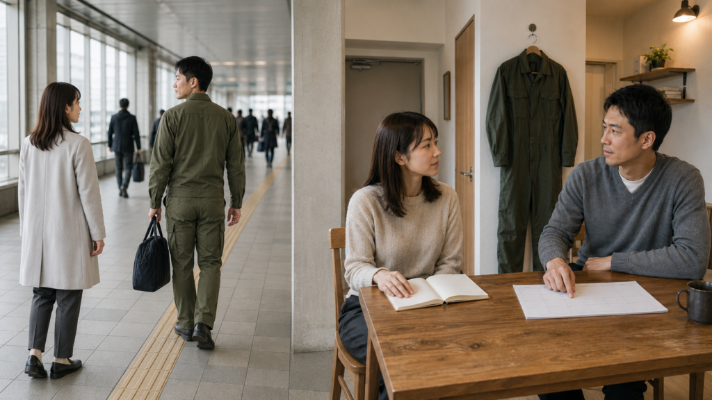 左に職務服姿への第一印象、右に私服で予定を話し合う男女を並べた比較構図