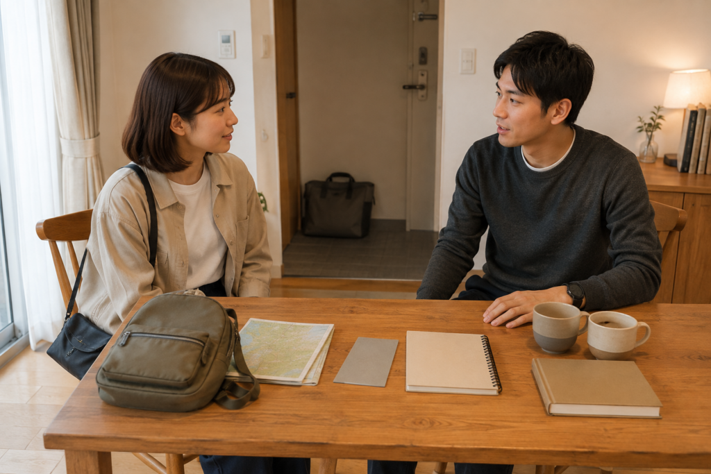 屋外用の小さなバッグ、美術館のカード、二人分の飲み物を並べて休日の過ごし方を相談する男女