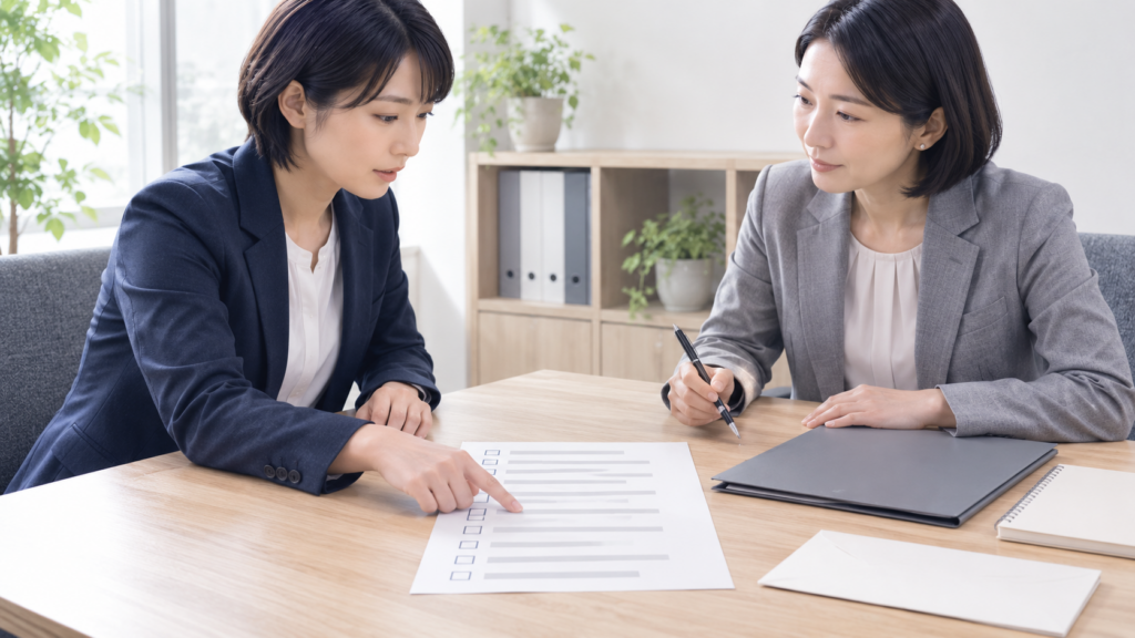 無料相談で候補者数や契約条件のチェックリストを確認する相談者と担当者