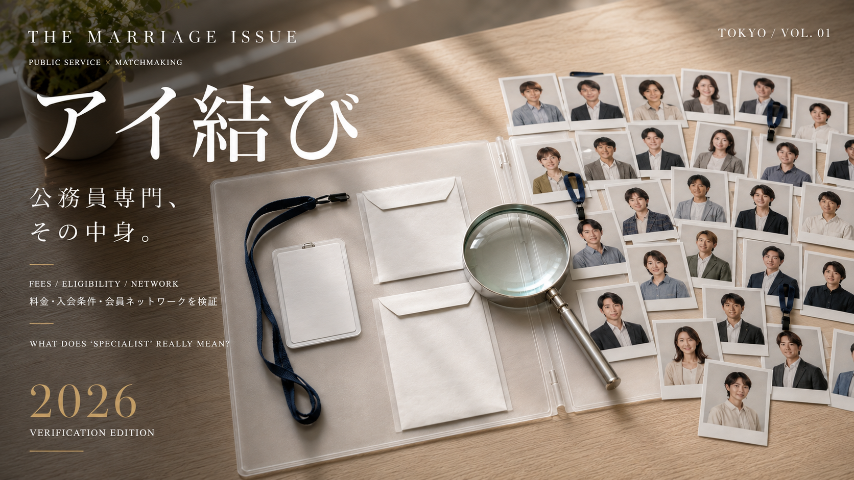 公務員本人の確認書類と多様な会員プロフィールカードを虫眼鏡で照合している机上
