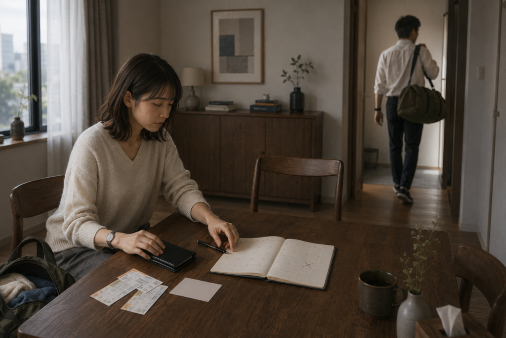 中止になった予定の交通券や予約書類を片づける女性と、仕事用の鞄を持って玄関を出る男性
