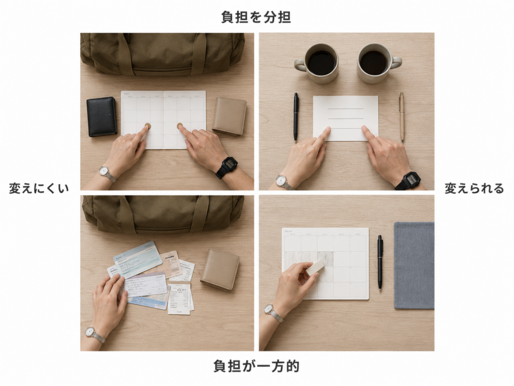 変えにくさと負担の偏りの二軸で、交際上の問題を四象限に分けた図