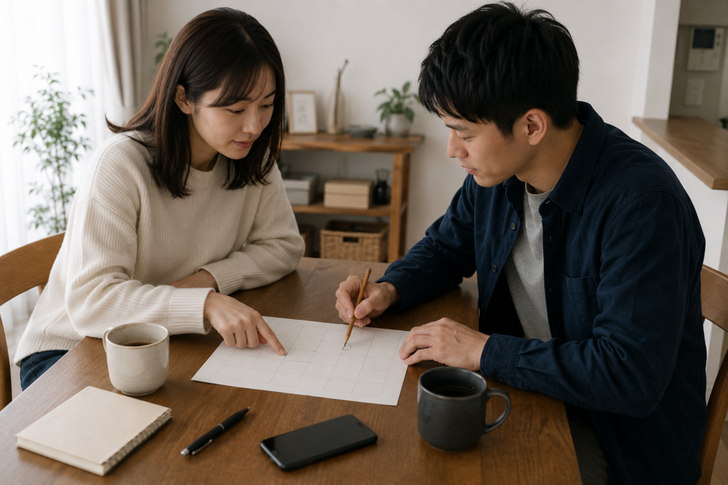 紙のカレンダーを見ながら次に会える候補日を二人で調整するカップル