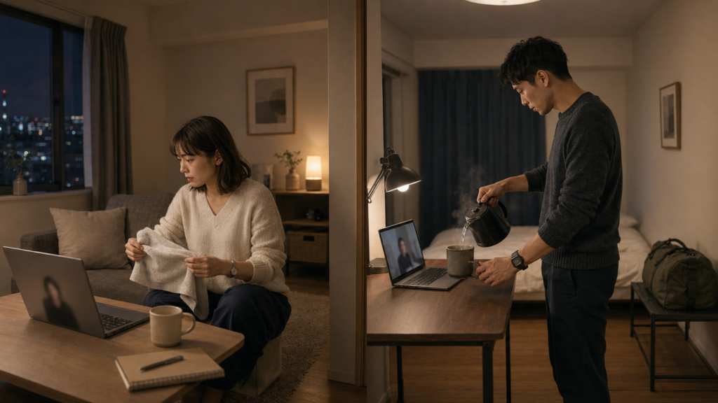 離れた二つの部屋で家事や休憩をしながらオンライン通話を続けるカップル
