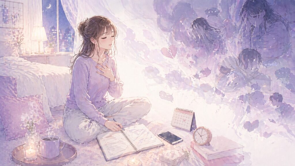 自衛隊の彼氏から連絡がなく、不安を落ち着かせようと深呼吸する女性のイラスト