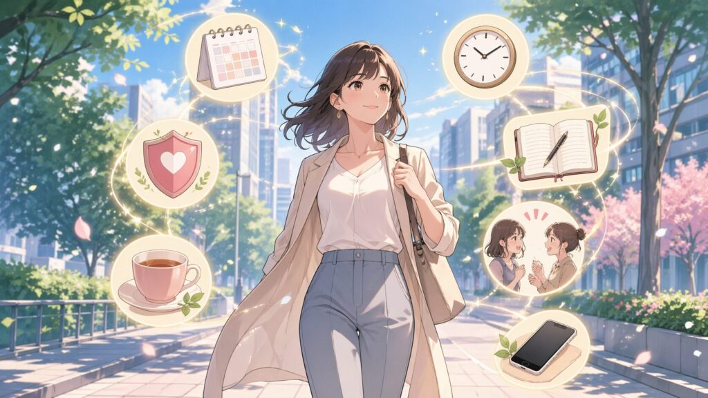 カレンダーや時計やノートなどのアイコンに囲まれ前向きに歩く女性