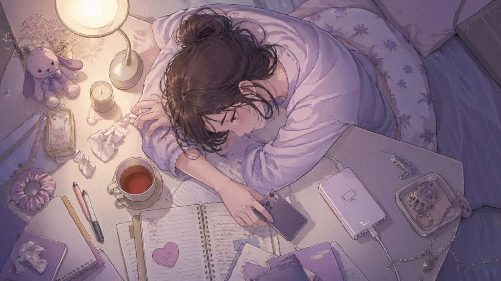 夜の机でスマホとノートに囲まれ心の電池が切れたように疲れている女性