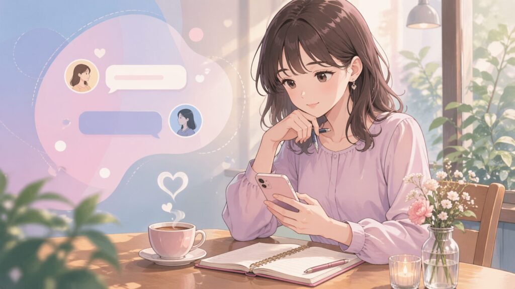 カフェでスマホとノートを見ながら落ち着いて伝える言葉を考える女性