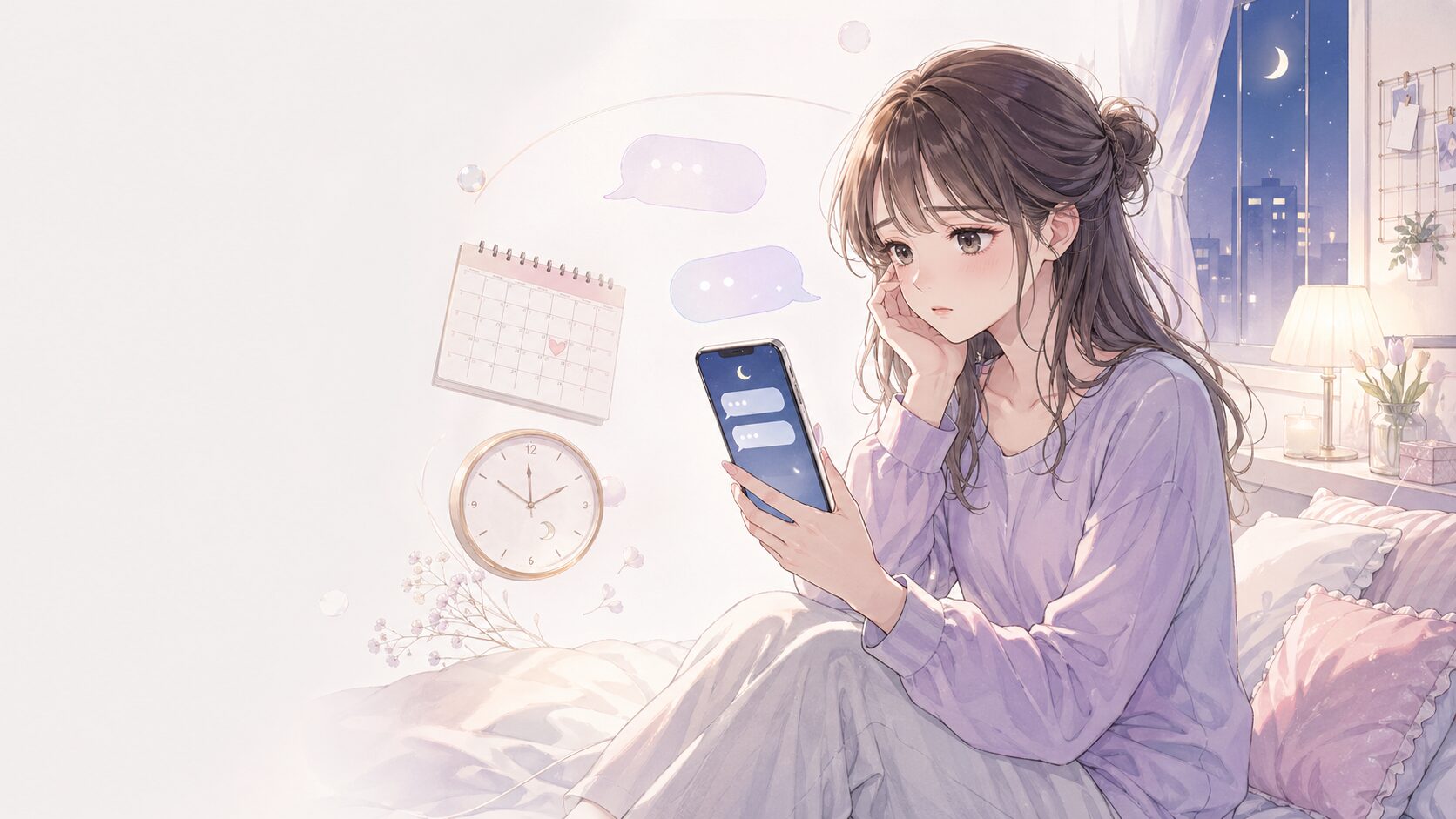 自衛隊の彼氏から連絡が来ず、不安な夜にスマホを見つめる女性のイラスト