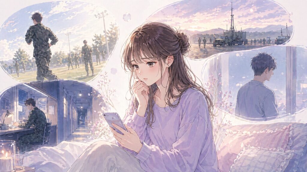 自衛隊勤務の彼氏の訓練や仕事の背景を思い浮かべながら不安になる女性のイラスト