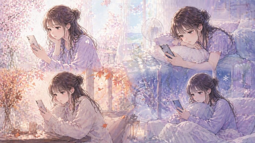 季節が移り変わっても彼からの連絡を待ち続ける女性のイラスト