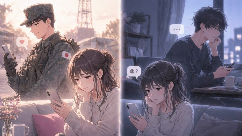 忙しいけれど思いやりがある彼氏と、気持ちが離れた彼氏の違いを対比したイラスト