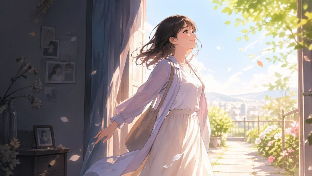 暗い部屋から明るい朝の光へ歩き出す女性