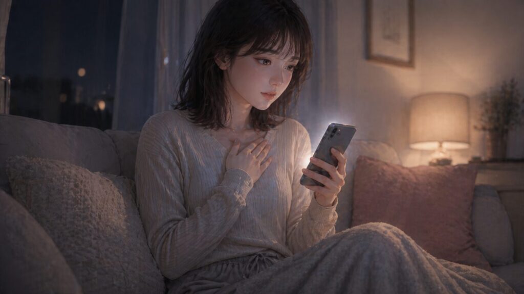 自衛隊の彼氏へLINEを送る前に、気持ちを整えている女性のイラスト