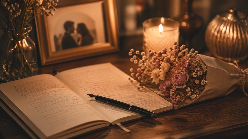 ノートとペン、花束、キャンドル、写真立てが並ぶ机の上を写した、恋愛体験談や想いの記録を象徴する画像