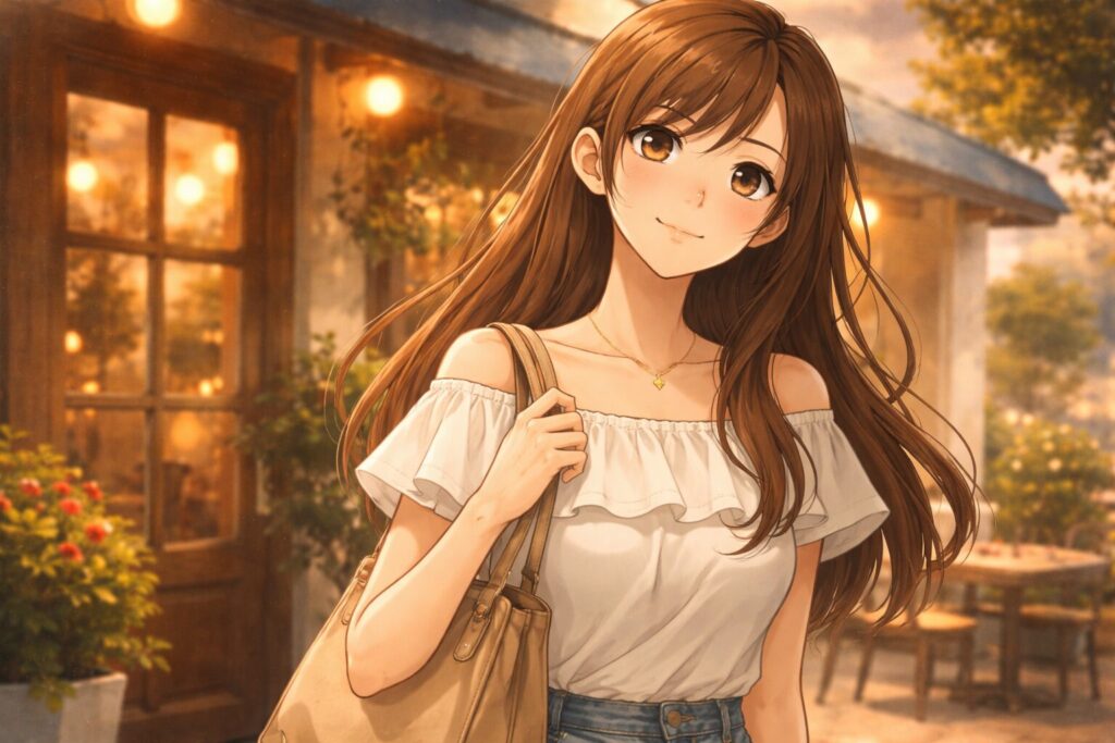 カフェを背景に茶髪のロングの髪型をした女性がバックを持ってこちらを見ています